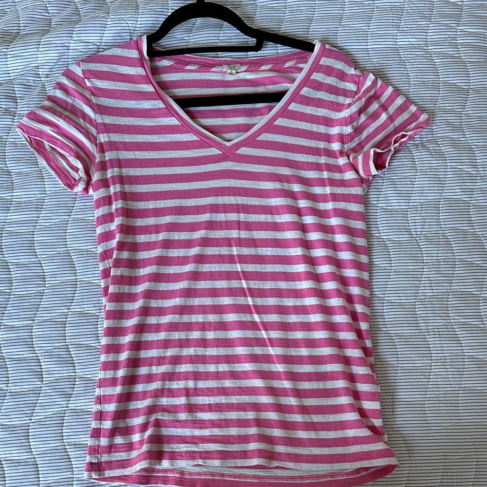 J. Crew Pink and White Striped V-Neck Tee